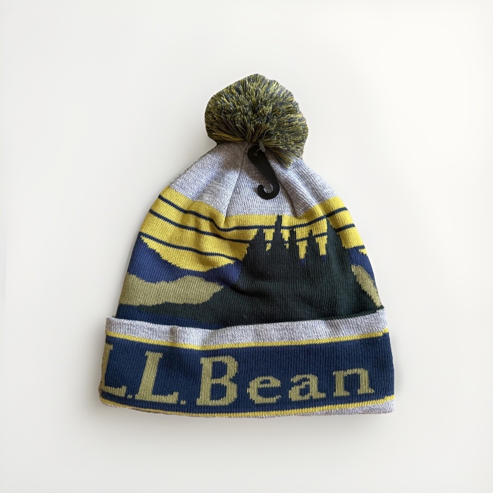NWT L.L. Bean KATAHDIN Pom Graphic Hat Beanie Gray Blue Green Mts &‎ Trees - Picture 2 of 13